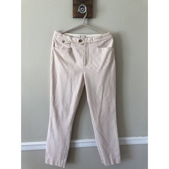 Anthropologie Size 6 The Essential Slim Cream Red Striped Pinstripe Ankle Pants - Picture 1 of 5